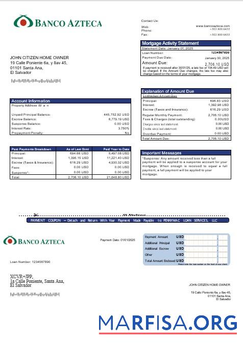 Printable Salvador Banco Azteca mortgage statement in Word and PDF formats template